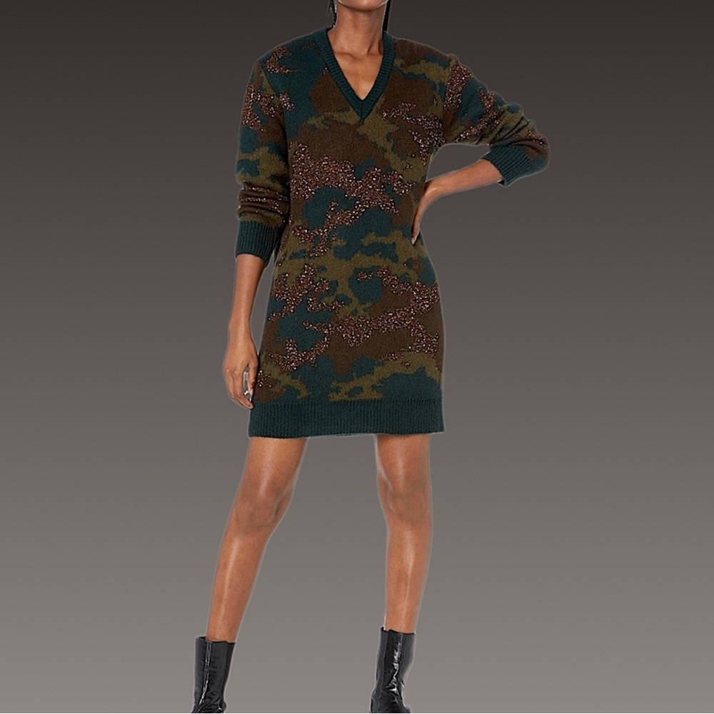 NWT GUESS Deanna Camo Sweater Dress Green Bronze Knit Long‎ Sleeve XS